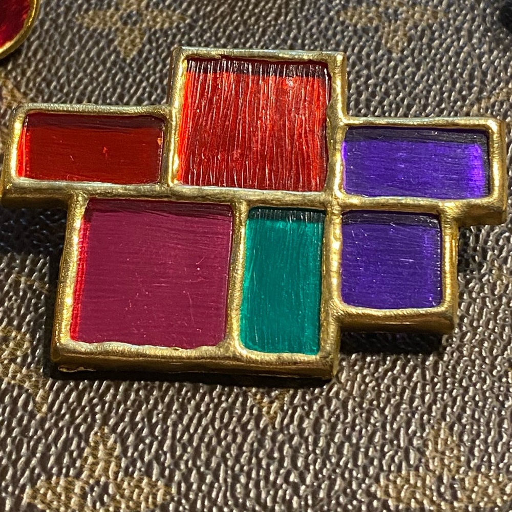Vintage resin Modern geometric multi-colored brooch and earrings